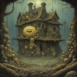 Surreal Scary decayed bloated Sponge Bob Squarepants, alternate SpongeBob evil world, strung out and psychotic looking, by Alan Lee, by Zdzislaw Beksinski, by Michael Whelan, unnatural comix landscape, horror art, creepy eerie, dystopian haunted pineapple house under the sea.