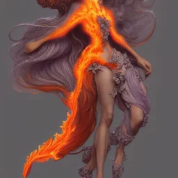 character render a goddess of fire, intricate, flowy, volcanic ash, lava, smoke, intangiable, hair made of fire, Character concept by yoshitaka amano, herbert arnould olivier, alphonse mucha, Akihiko Yoshida, Hyung-tae Kim, alexander mcqueen. trending on Artstation