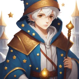 4K, Fantasy World, A boy only wearing a closed wizards robe, and wearing a wizards hat. White Hair. Golden Eyes with no pupils.