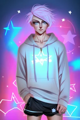 A an androgynous young man with tousled pink hair and golden eyes floating among the stars wearing a light blue hoodie and black board shorts. He is smiling softly and holding a star in one hand.