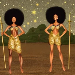 Biologically Female African American Twins, black skin, tall and slender, long afro kinky hair,big brown eyes, long eyelashes warrior wear. Big butts. Gold accents on clothing. Surround by trees. Holding golden spears. Starry night