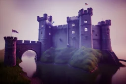 old castle, foggy, moat and drawbridge. surrounded by cliffs, purple