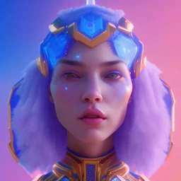 A portrait of a crystalised blue pink extraterrestrial, gold, sunny background, atmospheric, realistic, unreal engine, 8k. Cinematic lighting, octane render.