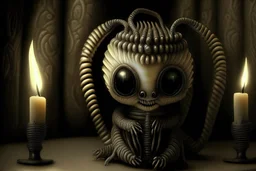 cute coffeshop creature H. R. Giger in candlelight