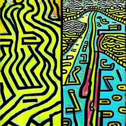 two roads diverged , art, acrilyc colors, bright, keith haring, picasso, masterpiece