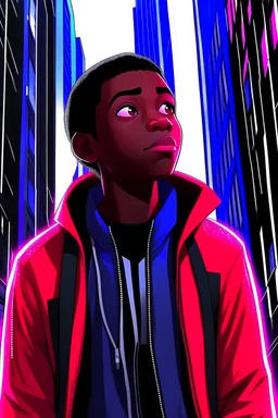 Miles Morales in the rain in the city looking up