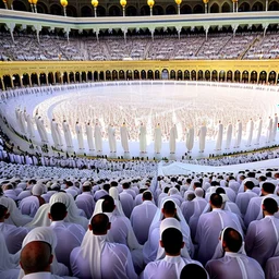 The scene in Mecca: People wearing white Ihram clothes, men without head coverings, women with veils, circumambulating around the Kaaba, and above them are transparent white spirits of children, men, and women with wings revolving around the Kaaba.