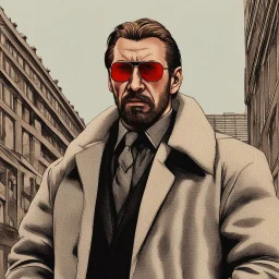 a young man with big muscles who looks like hans gruber wearing a heavy coat and red sunglasses staring with an irritated look on his face