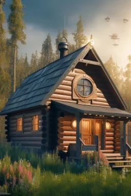 hyper detail, hyper realism, 4k, high quality, small wooden cabin, flowers, steampunk, cinematic lighting