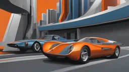 retro futurism style (hustle and bustle:55), loop kick, (deconstruct:28), urban canyon, centered, great verticals, great parallels, hard edge, colors of metallic orange and metallic steel blue