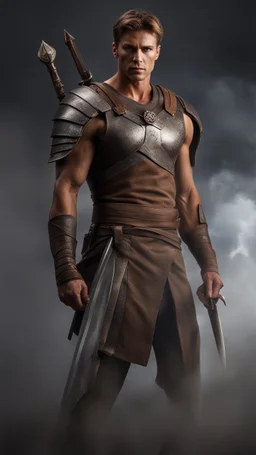 ultra realistic photograph of a muscular male warrior with short light brown hair and steel gray eyes wearing a loose fitting shirt