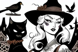 Witch, playing with crows, black cat, perfect iris, ink and pencil, style Carl Barks