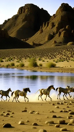 Sudan , kassala mountains, horses running down mountain leading to blue lake