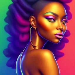 Portrait of beautiful black woman, illustration, bright colors, long curly hair