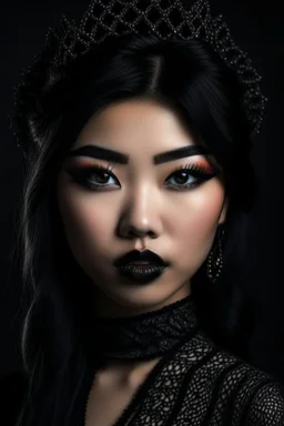 portrait of a young gorgeous fantasy asian goth woman, black makeup, black eyeline, black lipstick, fantasy style, realistic style, highly intrictae details, high quality, 8k