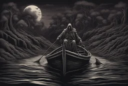 on the Styx river , in a special boat the boatman is the death carrying the souls of sinful people into the endless darkness, surreal style, dark colors, strange landscape, detailed, sinister, depressive, surreal style crepy stunning