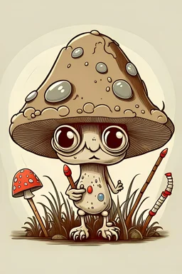 mushroom with eyes hands and a spear