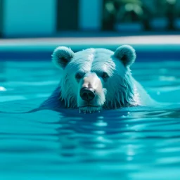 a blue bear is swimming in the pool