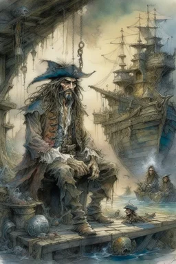 Watercolor illustration of "Curse of the Caribic" with Jack Sparrow at the center, merging the artistic styles of Patrick Rothfuss, Alan Lee, Brian Froud, Josephine Wall, featuring whimsical characters, ethereal atmosphere, fantasy architecture in the background, enchanting elements, subtle color palette, soft lighting, high level of fantasy detail, intricate details as envisioned by Greg Rutkowski, sharp focus, studio lighting,, Watercolor, trending on artstation, sharp focus, studio photo, int