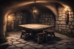 fantasy medieval underground cellar with table