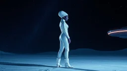 "Artistic photography (((FULL BODY from HEAD to FEET +profile))), enormous almond shape lighted crystal clear eyes, she is gorgeous, dressed in a white shiny jumpsuit she is a gorgeous smiling extra terrestrial woman with indigo purple blue skin with a high elongated skull like Nefertiti, 40 y/o asian, she wears white snow boots, and she is outside on the flying saucers large landing deck of the space station in cosmos.