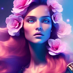 A portrait very beautiful woman , longs hairs, elegant, atmospheric, realistic, cinematic lighting, pink blue light, 8k, galactic atmosphere, flowers