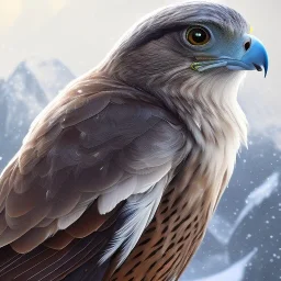 portrait of a bird of prey, feathers, extremely sharp detail, finely tuned detail, ultra high definition, 8k resolution, dynamic lighting, unreal engine 5, ultra sharp focus, mountains, winter landscape, background trees