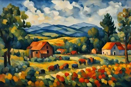 Celebration of the American Farm in the style of Paul Cézanne