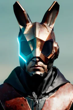 Medium Close Up Portrait, Front image. cyberpunk, rabbit mask helmet, strong man, titanium hair. Latex suit. Brown, black, color. Octopus style. Color background, photo studio. Avatar image, highly detailed, concept art, smooth, unreal engine 5, ray tracing, RTX, lumen lighting, ultra detail, volumetric lighting, 3d, finely drawn, high definition, high resolution.