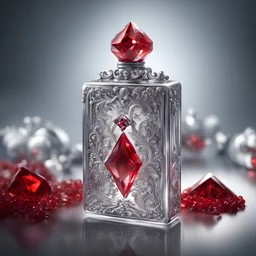 Silver rectangular perfume bottle with red crystal cap and small silver decorations. Illustrative art, art interpretation, concept art, cgsociety contest winner, seasonal art, seasonal art HD, 4k, 8k, intricate, detailed, intricately detailed, luminous, translucent fantasy crystal, holographic data, soft body, shadow play, light, fog, atmospheric, cinematic, light film, hyper-detailed, hyper-realistic, masterpiece, atmospheric, high resolution, 8k, HDR, 500px, mysterious and artistic digital art