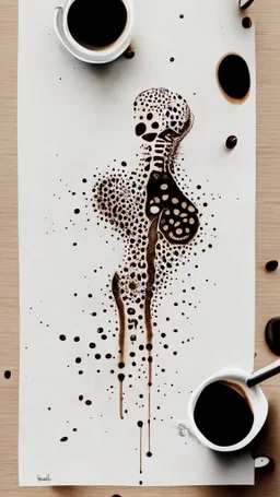 Tattoo on white paper, anatomical coffee, bright brown drawing, black paint strokes on background, large black strokes background, polka dot pattern