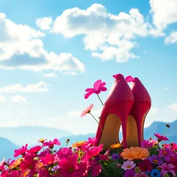 beautiful heels full flowers colorfull ,blue sky pretty clouds ,some strange flowers with heart love sumbol ,wonderfull mountains at distance