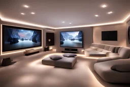 a dedicated home cinema room with LED ambient lighting in the walls make sure the room is completely symmetrical