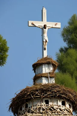 on top of the stone statue of the crucified Jesus is a huge stork's nest with storks