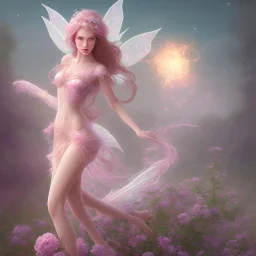 luminous fairy in magical pink countryside