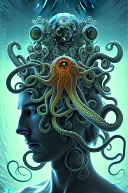 Spiritual being with Tentacles over human Head creating reality around, wrapping Tentacles around Human, Psychedelic