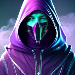 purple galaxy masked hooded super villain, weapons in hands, teal and purple smoke, full portrait, hyper realistic, 4k