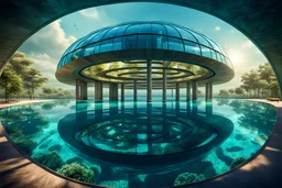 an underwater building in the shape of a twelve-section torus,modern,circle,sea,reflect panel,little building