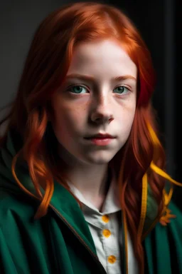 A 12 years old girl with red hair and green eyes and she is wearing a Hogwarts robe