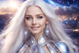 very beautiful cosmic women with white long hair, little smile, with cosmic silver metallic suite and brightly earings. in the background there is a bautiful sky with stars and light beam
