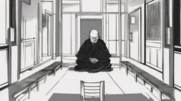 ، يظهر رجل جالس على كرسي في غرفة مظلمة. وجهه غير واضح، لكن يمكن رؤية عينيه مغمضتين. الرجل يرتدي ملابس سوداء، ويبدو أنه في حالة من الهدوء والتأمل.