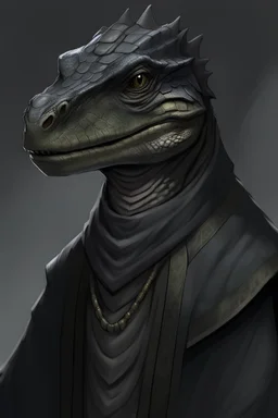 Portrait of a Black and grey scaled lizardfolk in Pathfinder RPG dressed in Dark robes mysterious