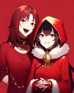 Smiling, girl with red clothes and a long Red blouse with a hood like that with fur on it, red eyes, has a personality evil, her teeth are sharp and one of them is gold, the one in the top left corner, Wears a collar with thorns around her neck, she is always irritated, dark red background