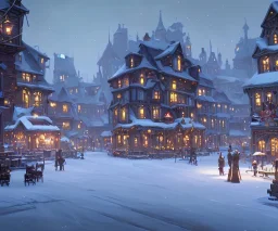 A magical town square with river canals for warlocks and witches in snowy Christmas