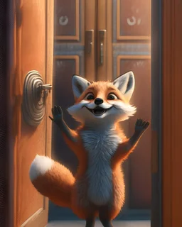 Cute small Fox waving at me and smiling greeting me in front of theater door ,unreal engine, cozy indoor lighting, artstation, detailed, digital painting,cinematic,character design by mark ryden and pixar and hayao miyazaki, unreal 5, daz, hyperrealistic, octane render