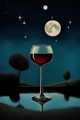 Oil painting (like Rene Magritte). Landscape. Night, small moon, stars. A glass with a tall stem designed for red wine, yet it holds a lake instead.