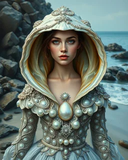 Create a fantastical image of a young beautyful woman in an elaborate dress resembling the interior of a pearl oyster, specifically a Pinctada, with rocks on the seashore in the background. An oil painting in the style of ultrarealism. The collar of the dress, like a hood, encloses the large, open jaw structures of the shell and the deep pearly interior, mimicking this bivalve. The person is also decorated with detailed patterns and textures that give the appearance of an aquatic creature, enhan