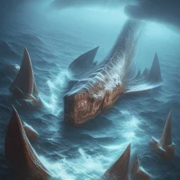 sea dinosaur from the past under ship wreck in storm between cliffs, book cover, fantasy art, sandy beach, water, reflection, misty, detailed