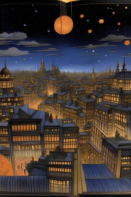 The book's pressed page features a wonderful view of the city of the Comet. He advanced towards the sky with towering towers and streets sparkling with lights and colours. When you look at the page of the book, find yourself in a world bound by thought and amazing beauty. She appears to be looking forward to many sporting movements skyward, which look like fans looking forward to a run at the cotton races. Multiple colors on the constellations, such as sky blue and bright purple, reflect the su