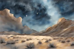 flying angels in the sky singing, angelic hosts proclaim in the air, Angels in the sky, Hark! The Herald Angels Sing! A soft-focus image of stary night sky casting a warm glow, desert at night, created in inkwash and watercolor, art style of Olivier Coipel, HACCAN, illustrator 由良 Yura, 山田章博 Yamada Akihiro, 四々九 Yoshiku, GANMO＃, highly detailed, gritty textures,